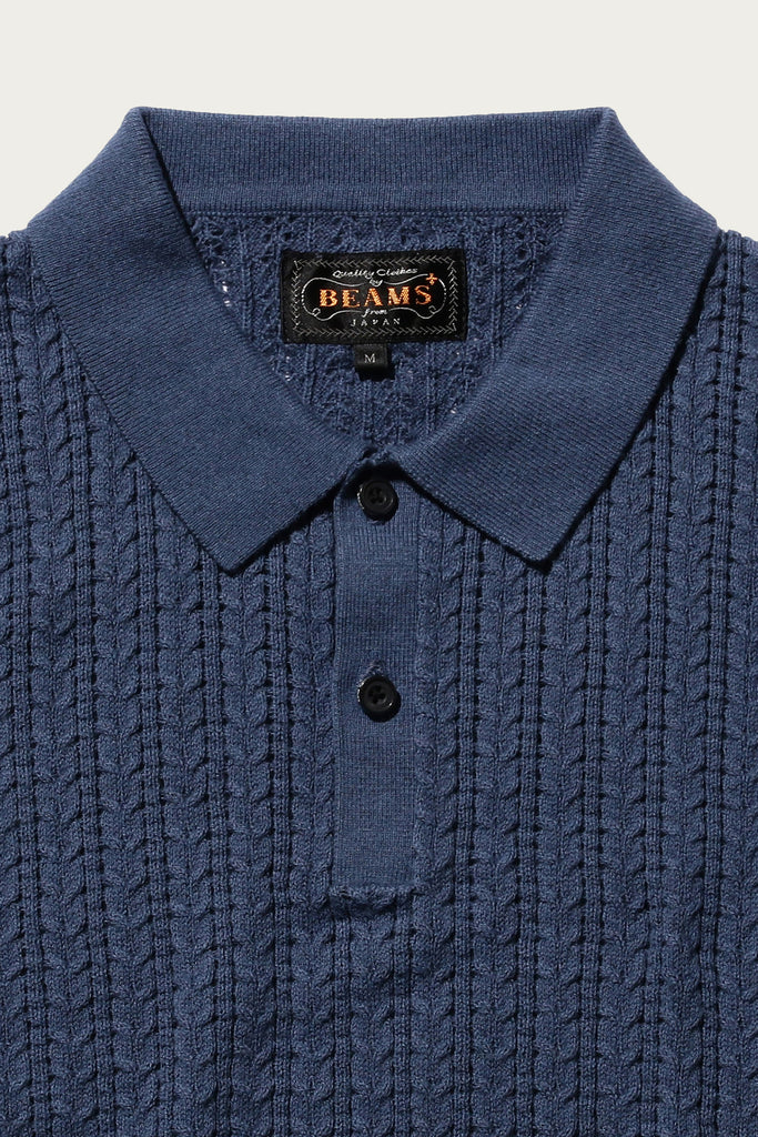 Beams Plus - Cable Knit Polo - Blue - Canoe Club