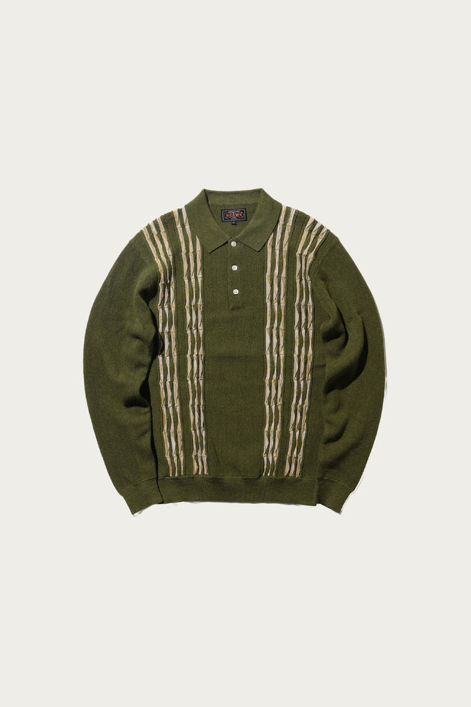 Beams Plus - Knit Polo Born Stripe 14G - Olive - Canoe Club