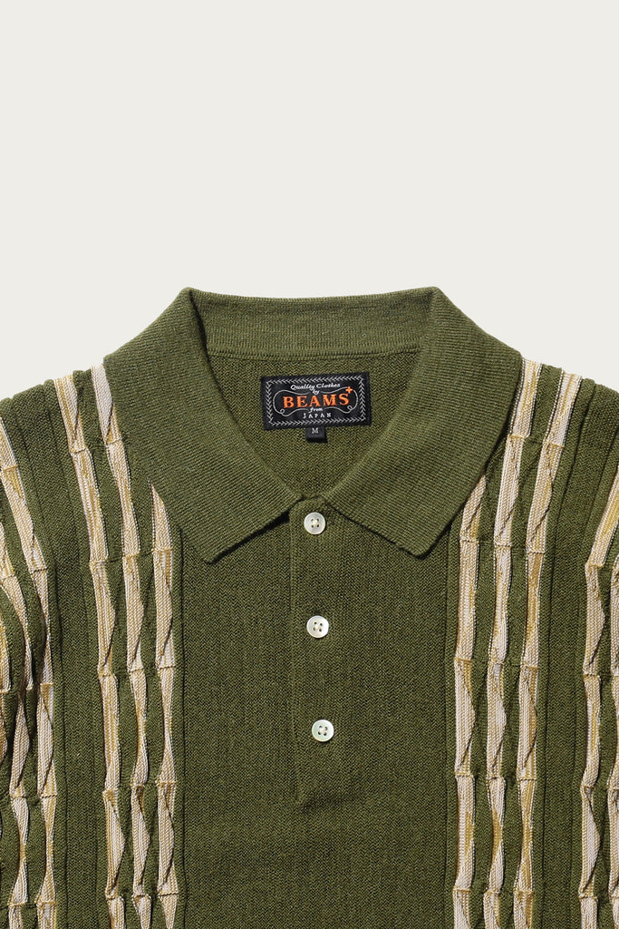 Beams Plus - Knit Polo Born Stripe 14G - Olive - Canoe Club