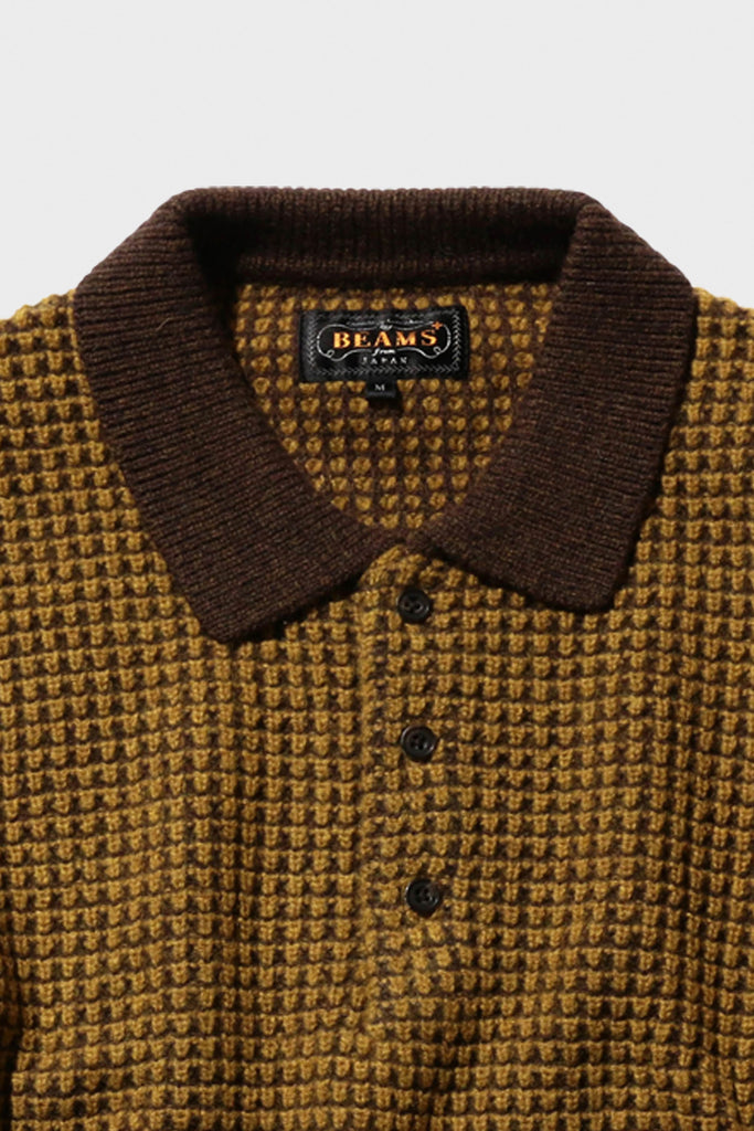 Beams Plus - Knit Polo Crochet-Like - Brown/Mustard - Canoe Club