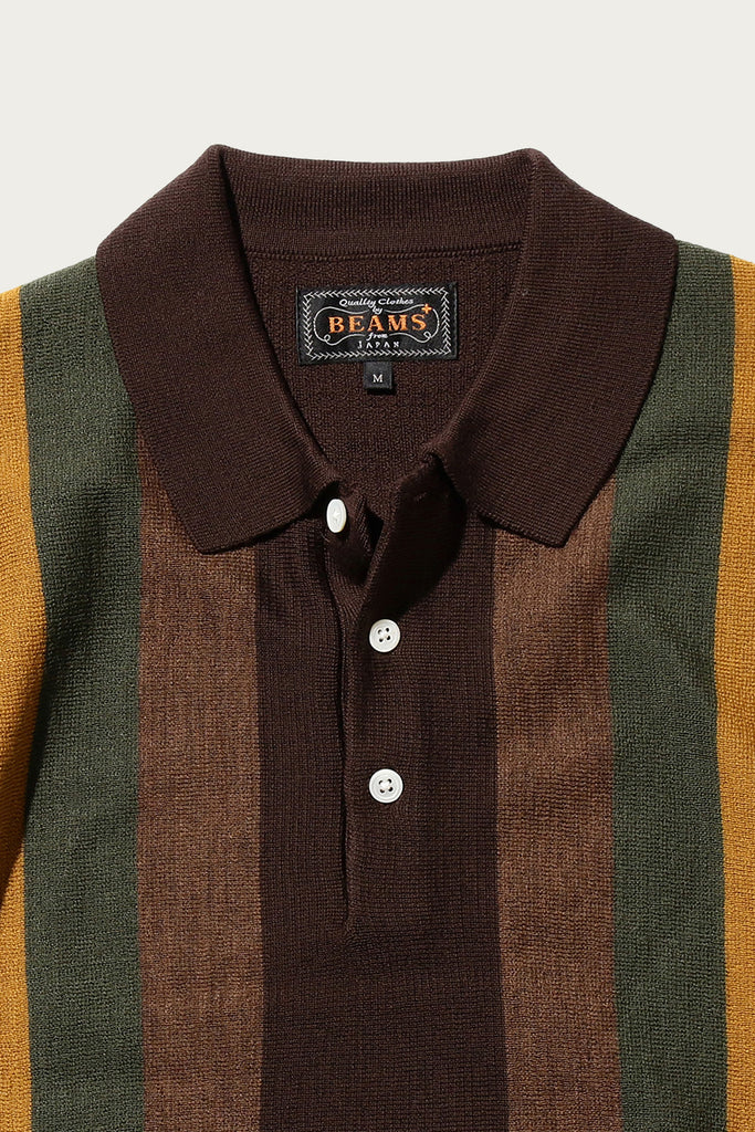 Beams Plus - Striped Knit Polo - Brown - Canoe Club