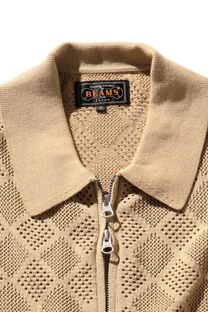 Beams Plus - Zip Knit Mesh Polo - Beige - Canoe Club