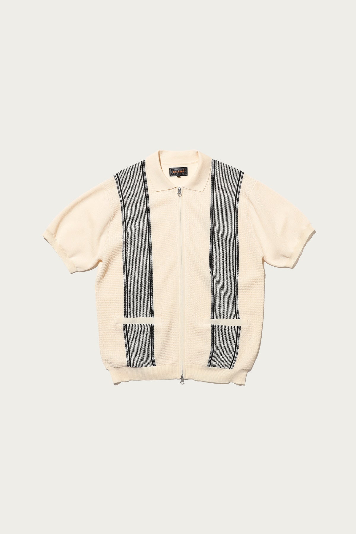 Beams+ Zip Knit Polo Stripe | Off White | Canoe Club