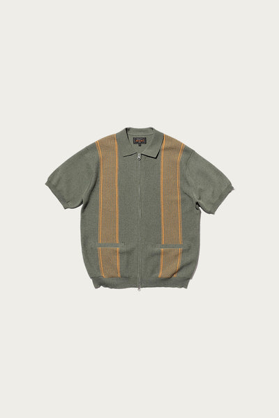 Beams+ Zip Knit Polo Stripe | Olive | Canoe Club