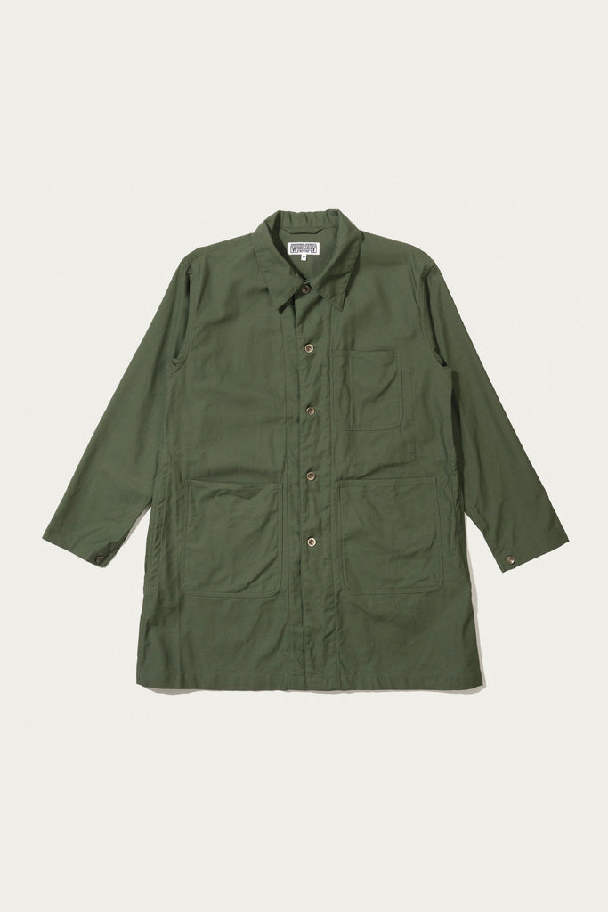 Engineered Garments Workaday - Shop Coat - Olive Cotton Reversed Sateen - Canoe Club