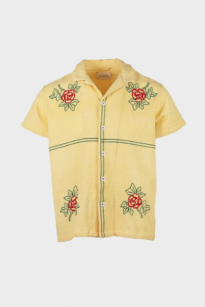 Harago Cross Stitch Floral Short Sleeve Shirt | Yellow | Canoe Club