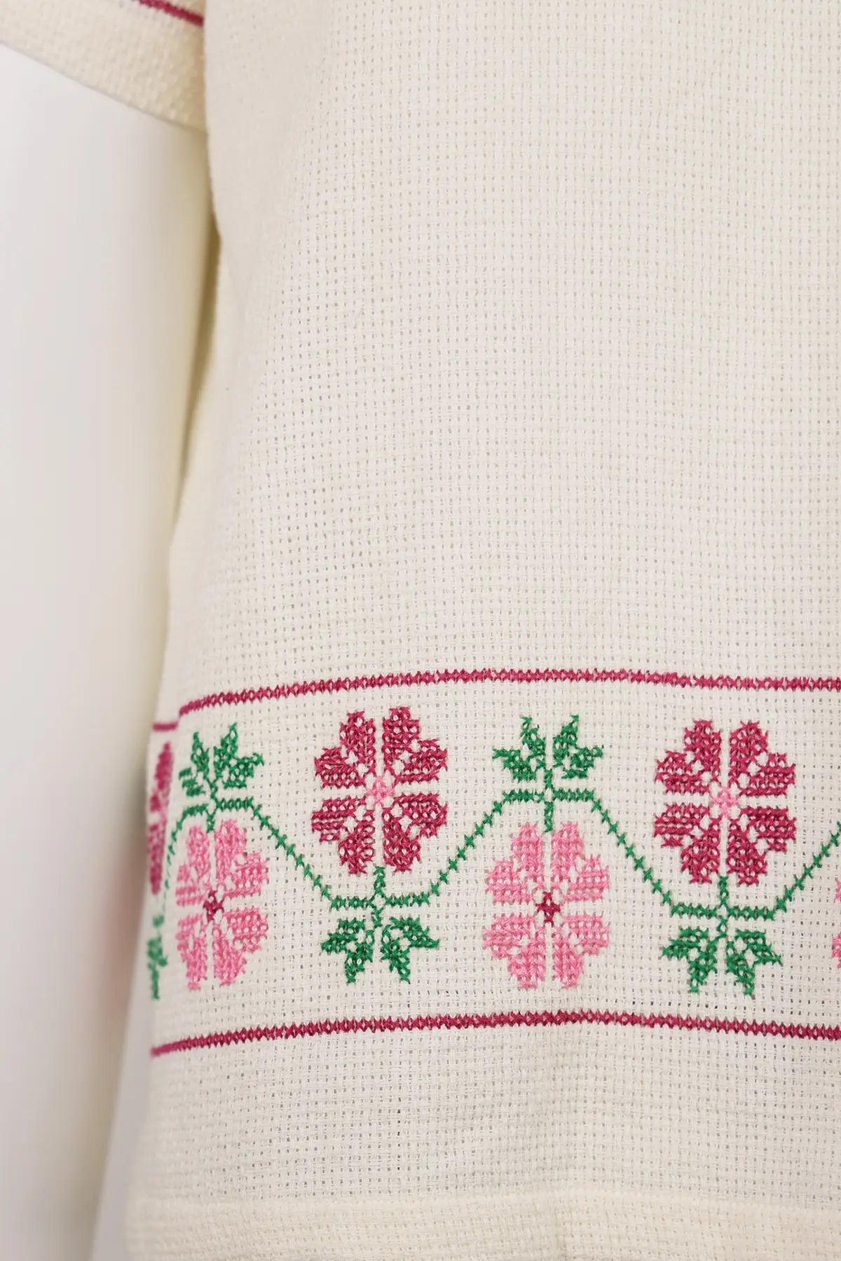 Harago - Floral Cross Stitch Short Sleeve Shirt - Off White - Canoe Club