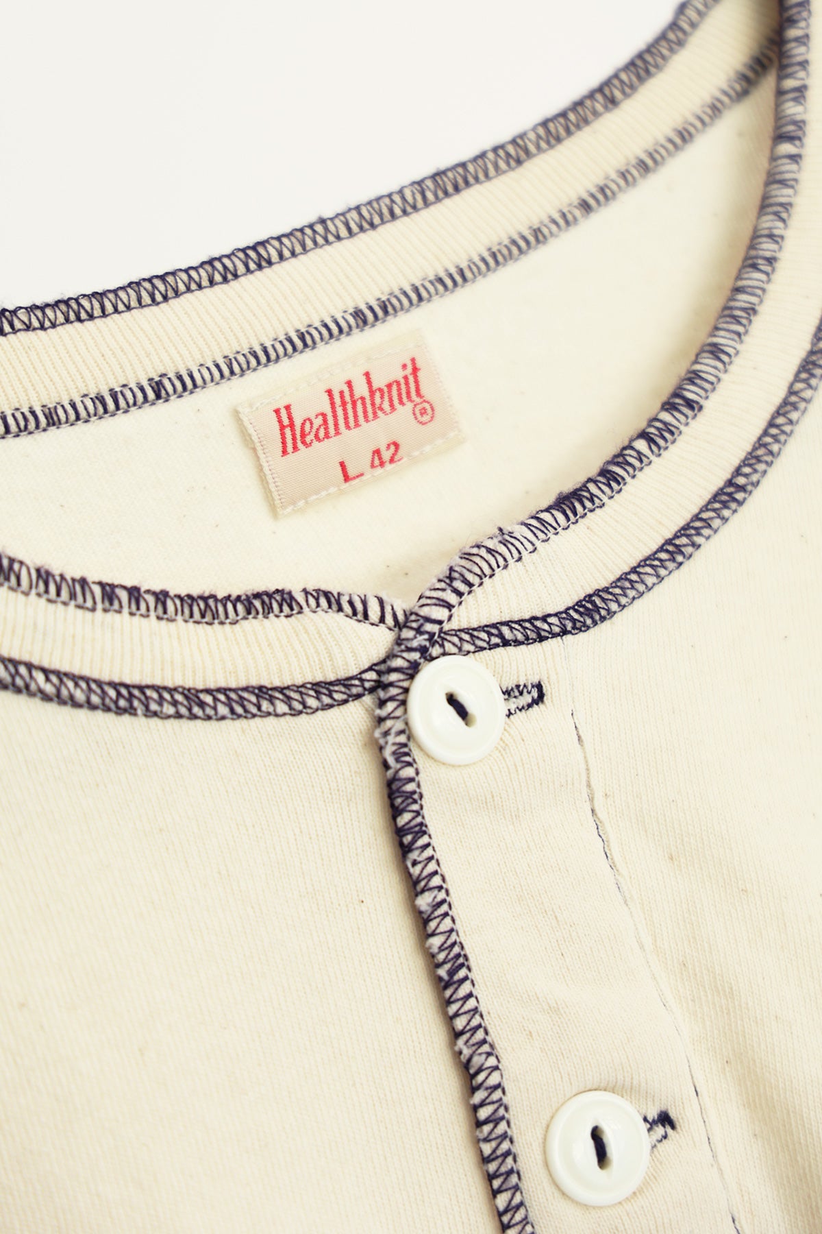 Healthknit - 70's L/S Henley - Natural x Navy Stitch - Canoe Club