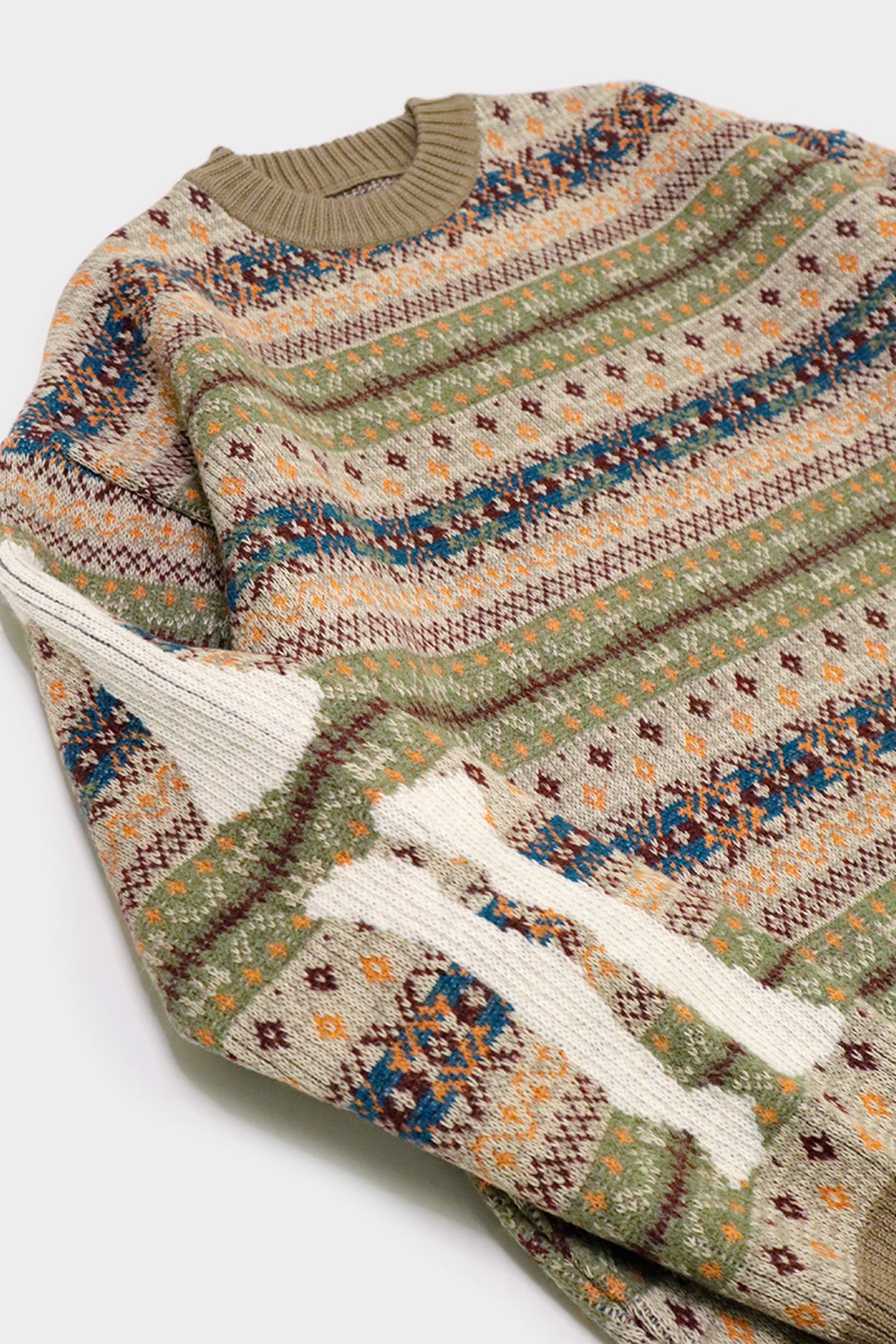 Kapital - 7G Wool FairIsle BONE Crew Sweater - Orange - Canoe Club