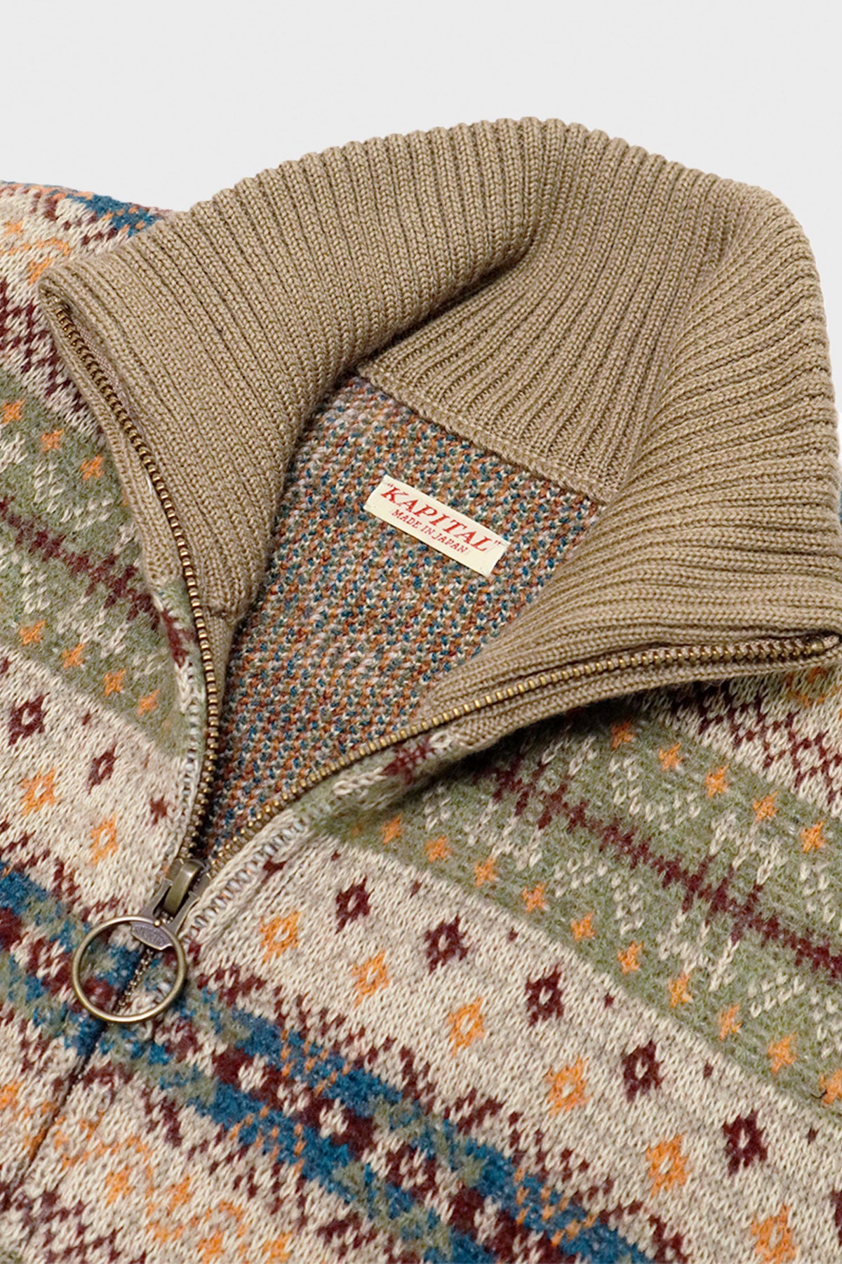 Kapital - 7G Wool FairIsle BONE ZIP Short Cardigan - Orange - Canoe Club