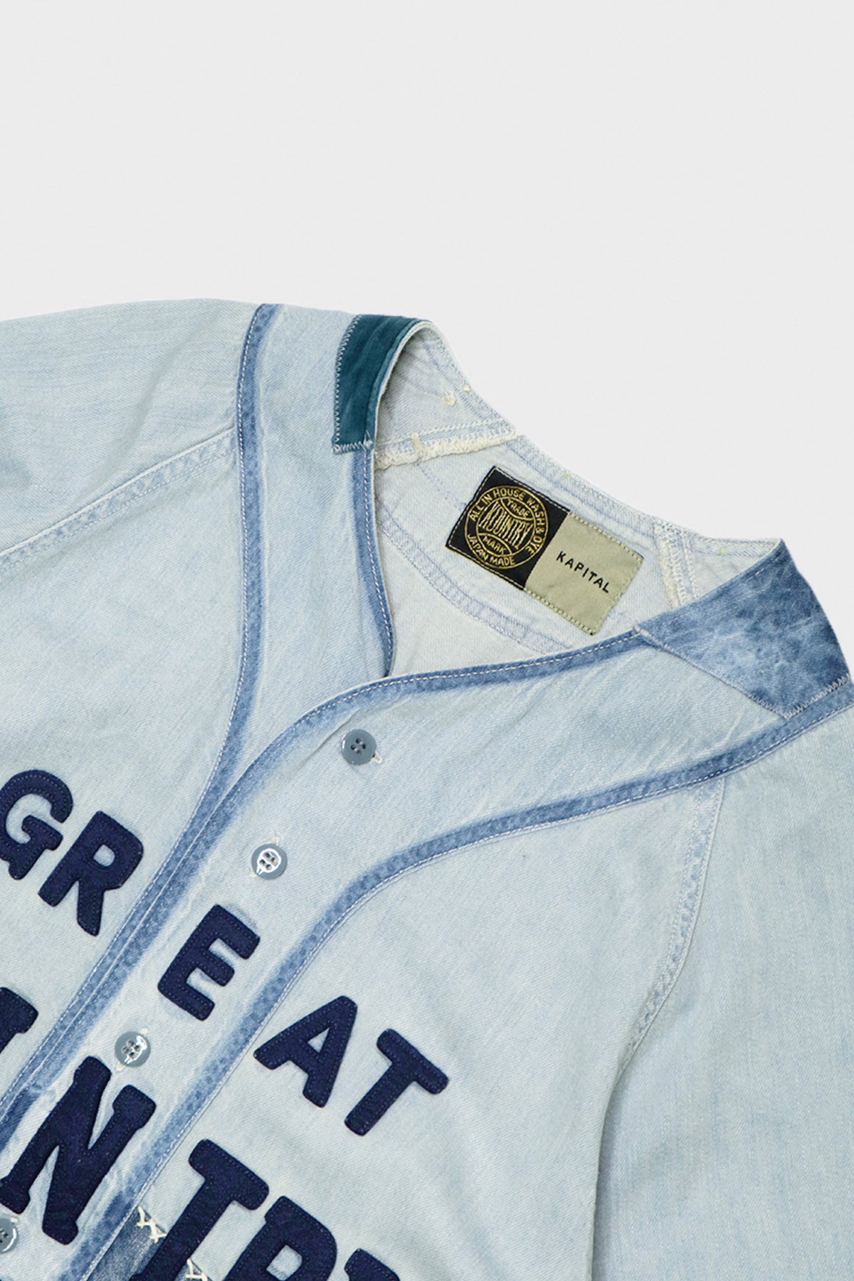 Kapital - 8oz Denim GREAT KOUNTRY Damaged Baseball Shirt - Canoe Club