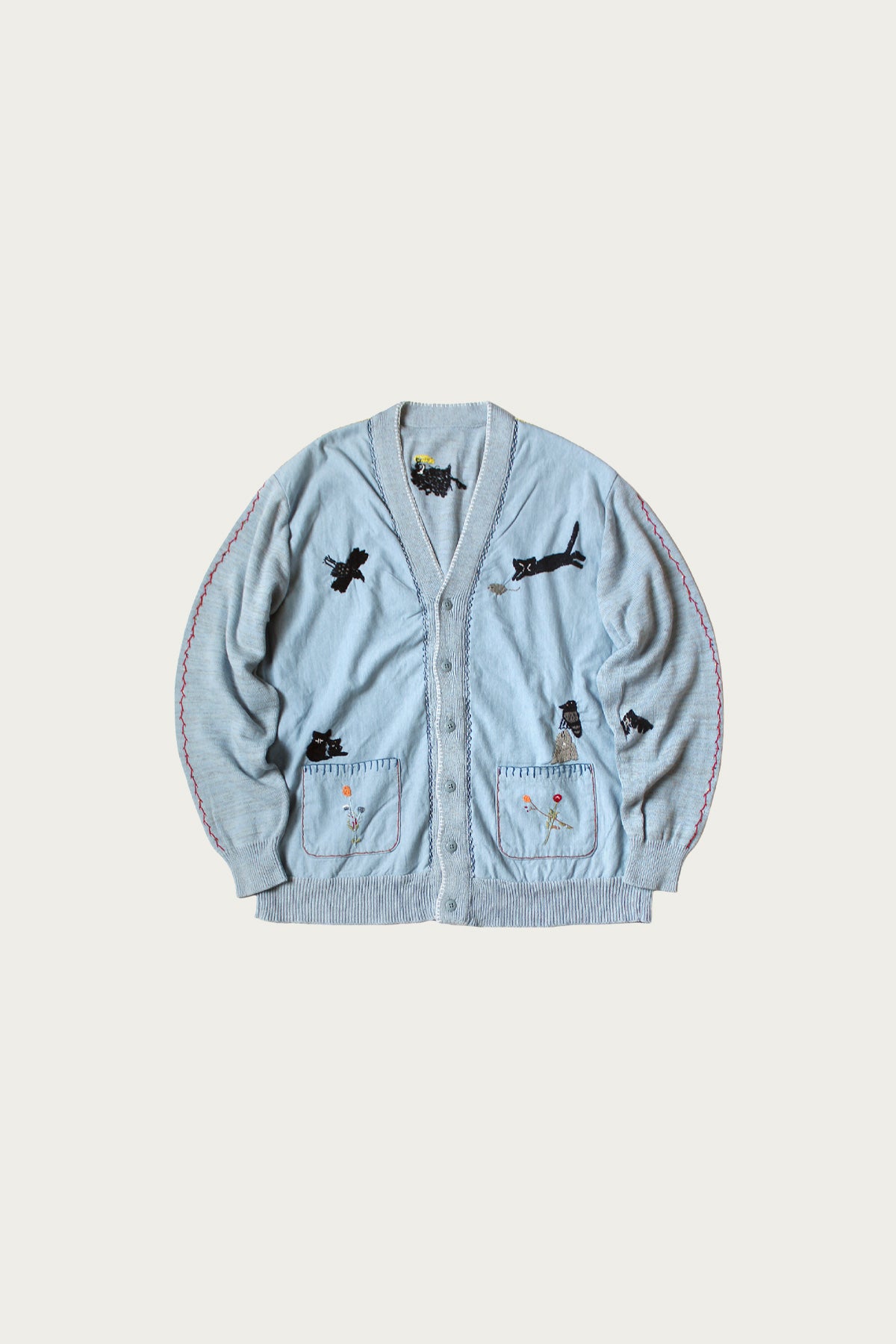 Kapital Knit x Chambray Cardigan (Raven & Cat Embroidery) | Sax