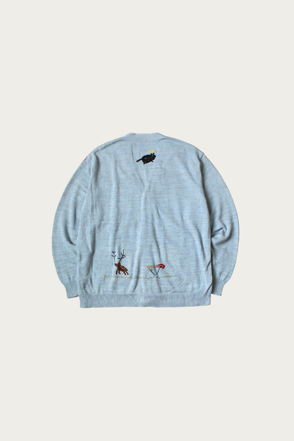 Kapital Knit x Chambray Cardigan (Raven & Cat Embroidery) | Sax