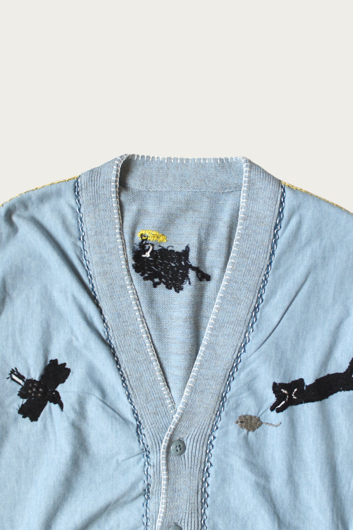 Kapital Knit x Chambray Cardigan (Raven & Cat Embroidery) | Sax