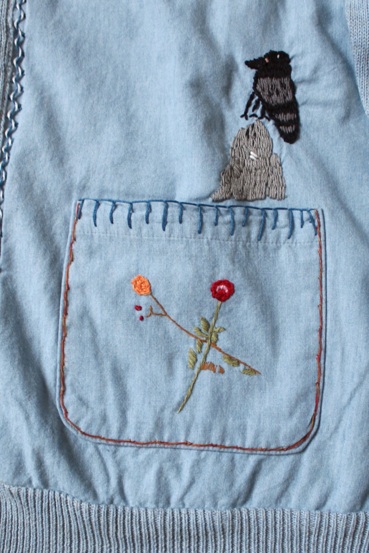 Kapital - Knit x Chambray Cardigan (Raven & Cat Embroidery) - Sax - Canoe Club
