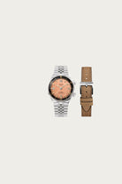 Kuoe Watches - Sombrero 90-011 - Salmon Pink Linen Textured Dial/Stainless Bracelet + Extra Leather Strap - Canoe Club