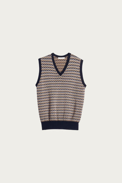 Lemaire V Neck Jacquard Vest | Black/Beige/Blue | Canoe Club