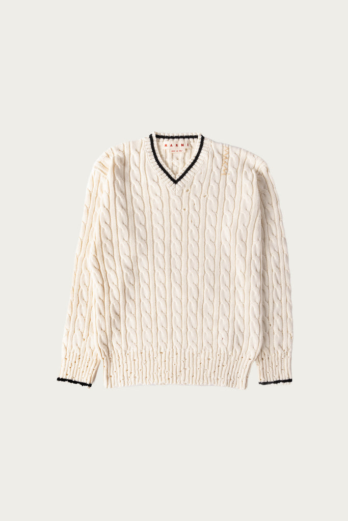 Marni - Disheveled Cotton 5G V Neck Sweater - Natural White - Canoe Club