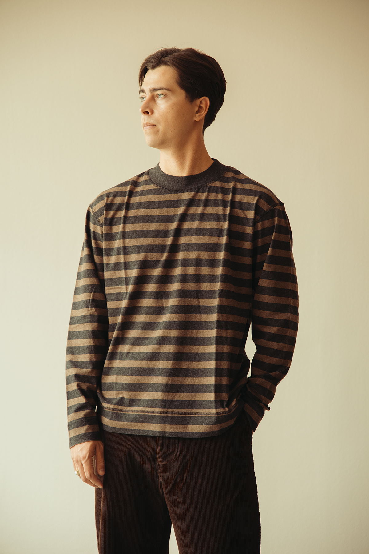 Margaret Howell - MHL Crew Neck Matelot - Off Black/Bark Light Cotton Melange Stripe - Canoe Club