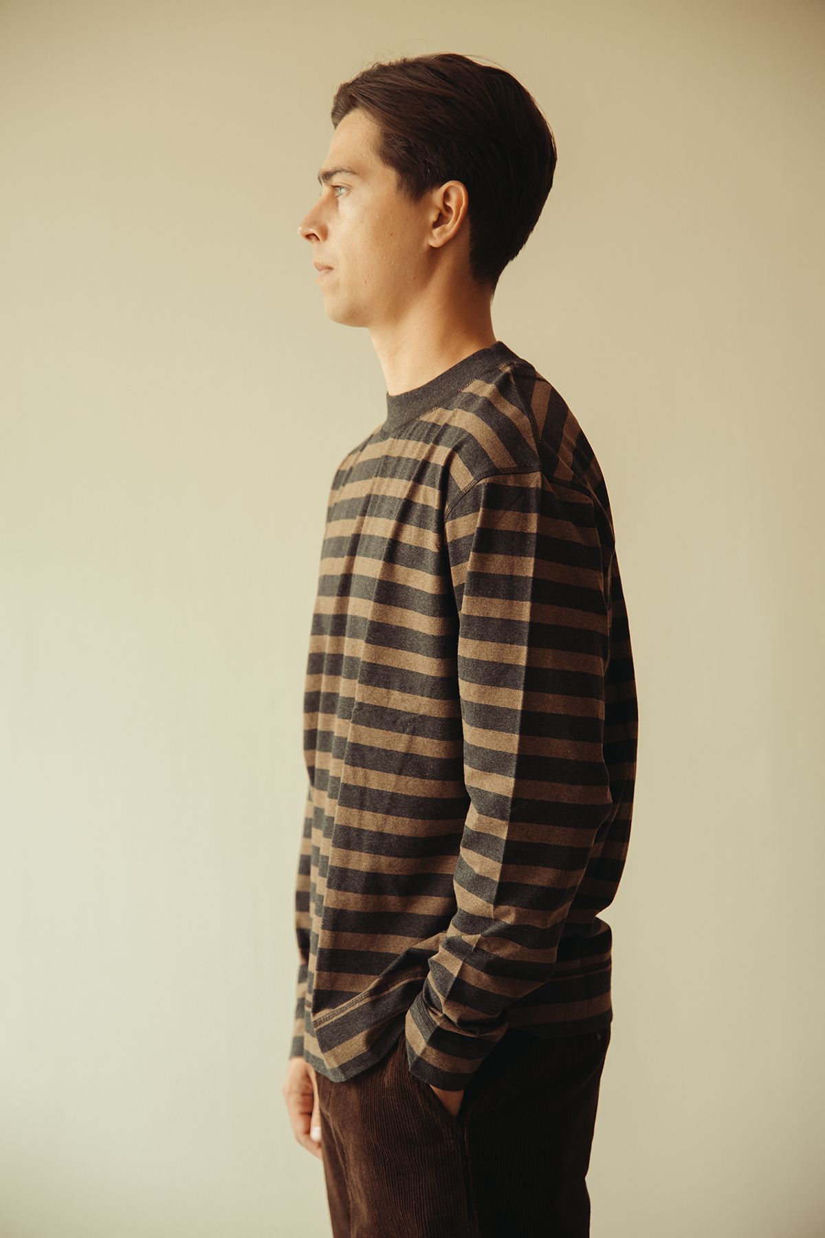 Margaret Howell - MHL Crew Neck Matelot - Off Black/Bark Light Cotton Melange Stripe - Canoe Club