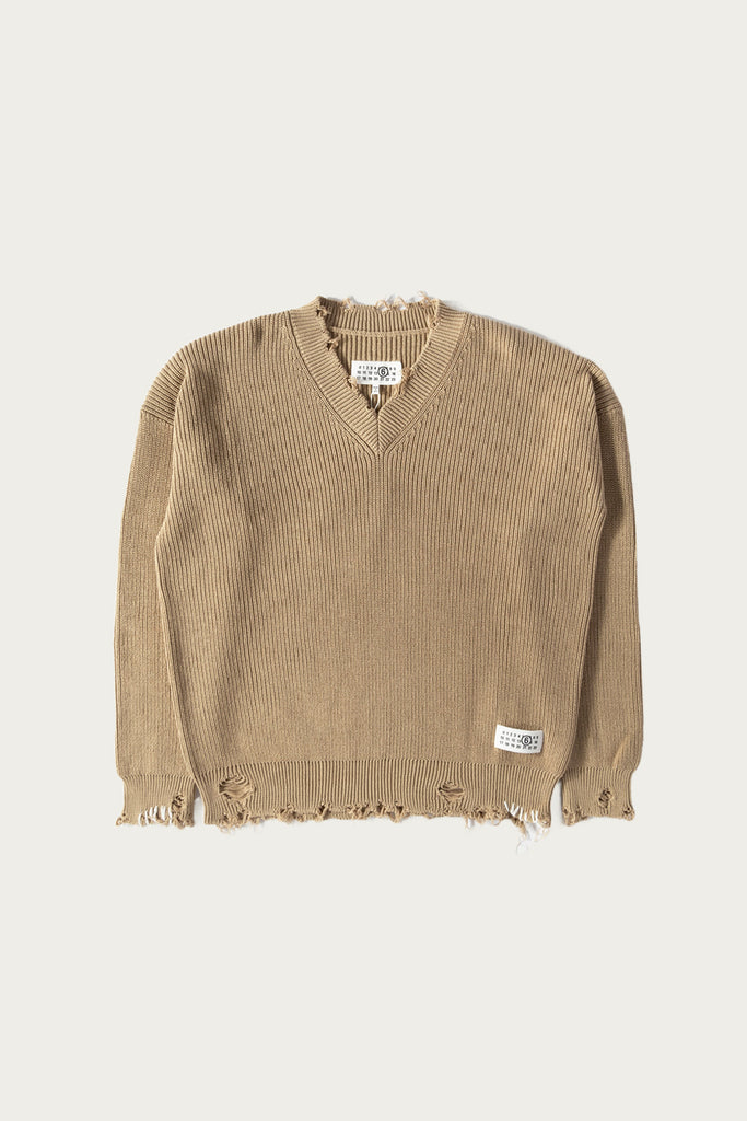 MM6 Maison Margiela - Distressed Knit V-Neck Sweater - Camel - Canoe Club