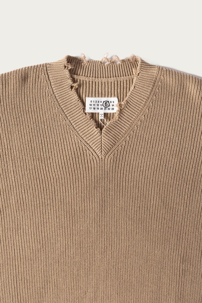 MM6 Maison Margiela - Distressed Knit V-Neck Sweater - Camel - Canoe Club