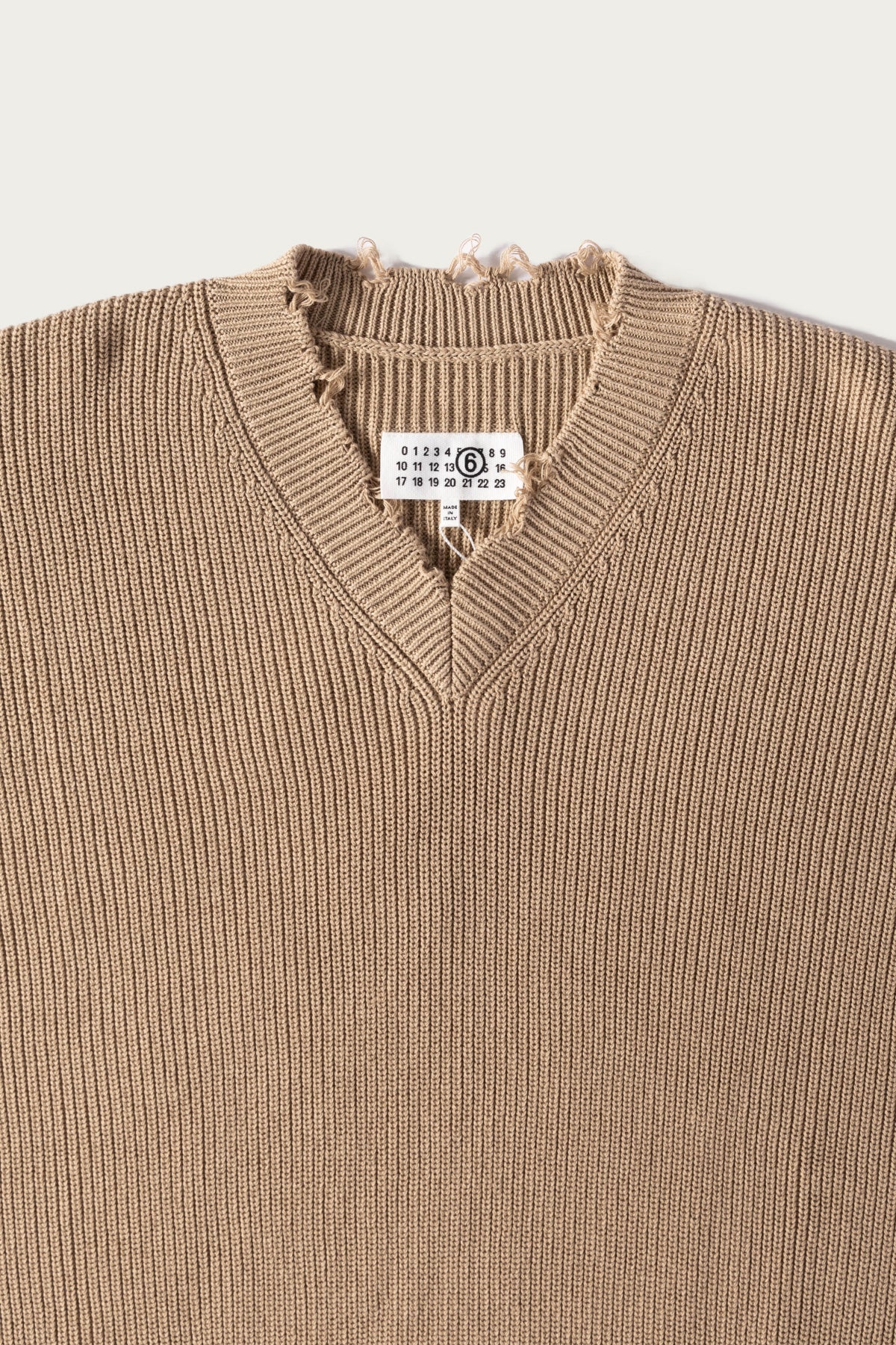 MM6 Maison Margiela Distressed Knit V-Neck Sweater | Camel | Canoe