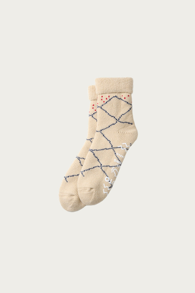 Rototo - Merino Lambs Wool Room Socks "Beni Ouarain" - Ecru/Blue - Canoe Club