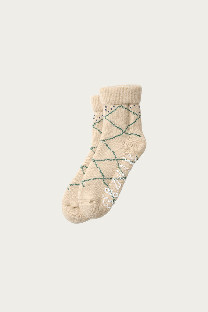 Rototo - Merino Lambs Wool Room Socks "Beni Ouarain" - Ecru/Green - Canoe Club