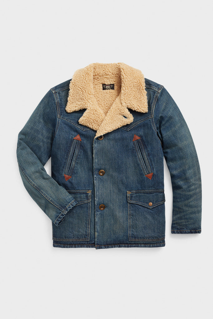 RRL Shearling Lined Denim Trucker Jacket Blue Canoe Club