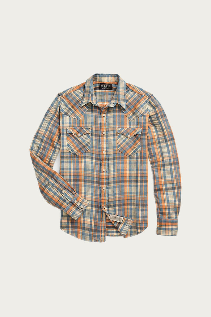 RRL - Slim Fit Plaid Twill Western Shirt - Blue/Orange Multi - Canoe Club