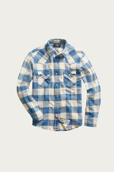 RRL ダブルアールエル PLAID TWILL WESTERN CHECK SHIRT プラッド ツイル ウエスタン ブロック チャック 長袖 シャツ ブルー/ホワイト RRL Slim Fit Plaid Twill Western Shirt | Indigo/Cream | Canoe Club