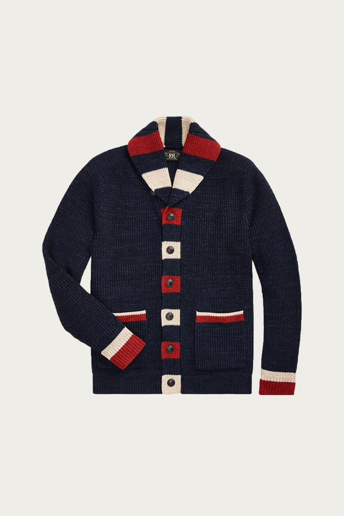 RRL - Striped-Trim Cotton-Wool Cardigan - Dark Indigo Multi - Canoe Club