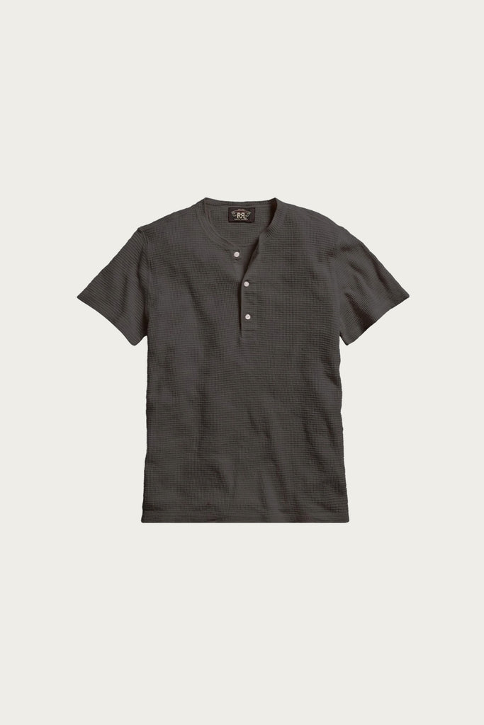 RRL - Waffle Knit Shortsleeve Henley Shirt - Faded Black Canvas - Canoe Club