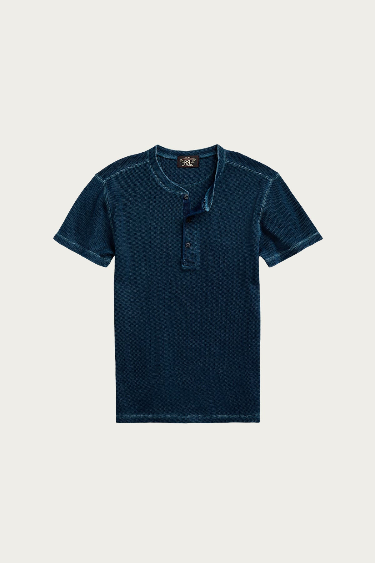 RRL - Waffle Knit Shortsleeve Henley Shirt - Rinsed Blue Indigo - Canoe Club