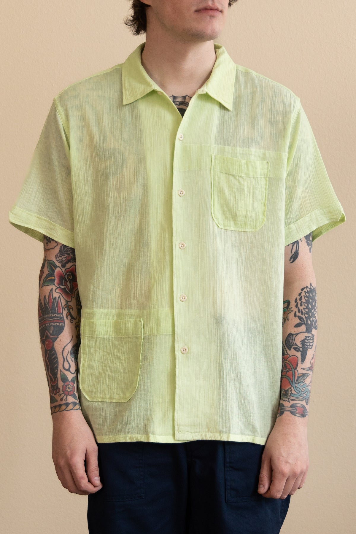 Engineered Garments - Camp Shirt - Lime Cotton Crepe - Canoe Club