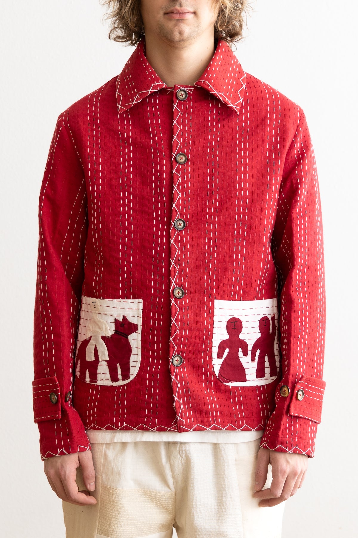 Harago - Kantha Applique Pocket Blouson Jacket - Red - Canoe Club