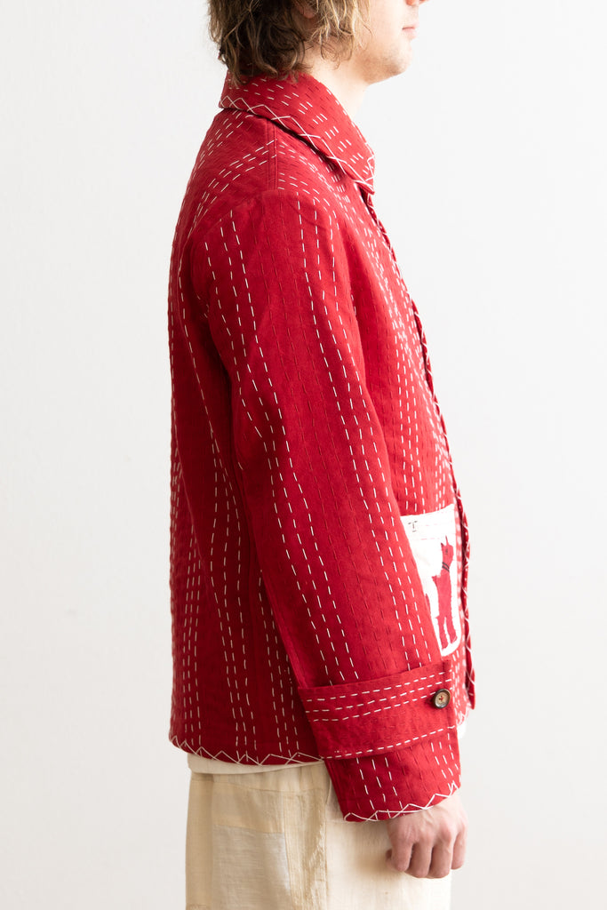 Harago - Kantha Applique Pocket Blouson Jacket - Red - Canoe Club