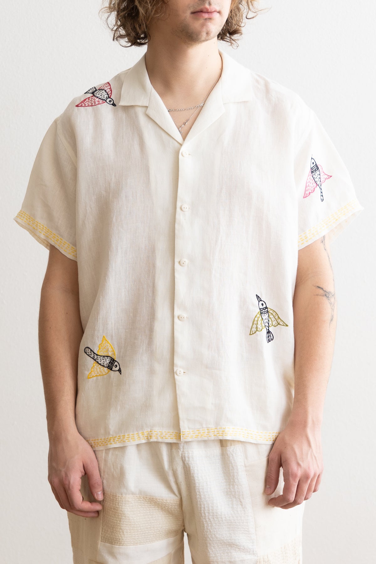 Harago - Gond Bird Embroidered Shirt - Off-White - Canoe Club