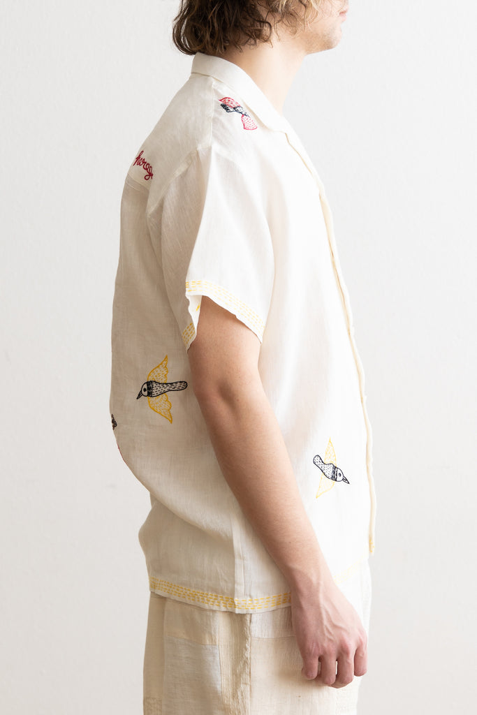 Harago - Gond Bird Embroidered Shirt - Off-White - Canoe Club