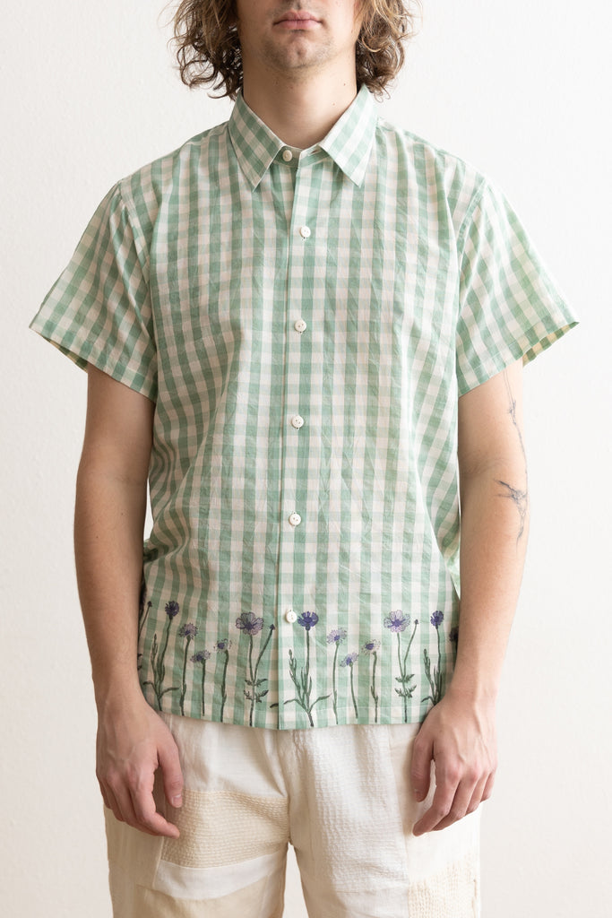 Harago - Check Block Printed Flower Shirt - Sage Green - Canoe Club