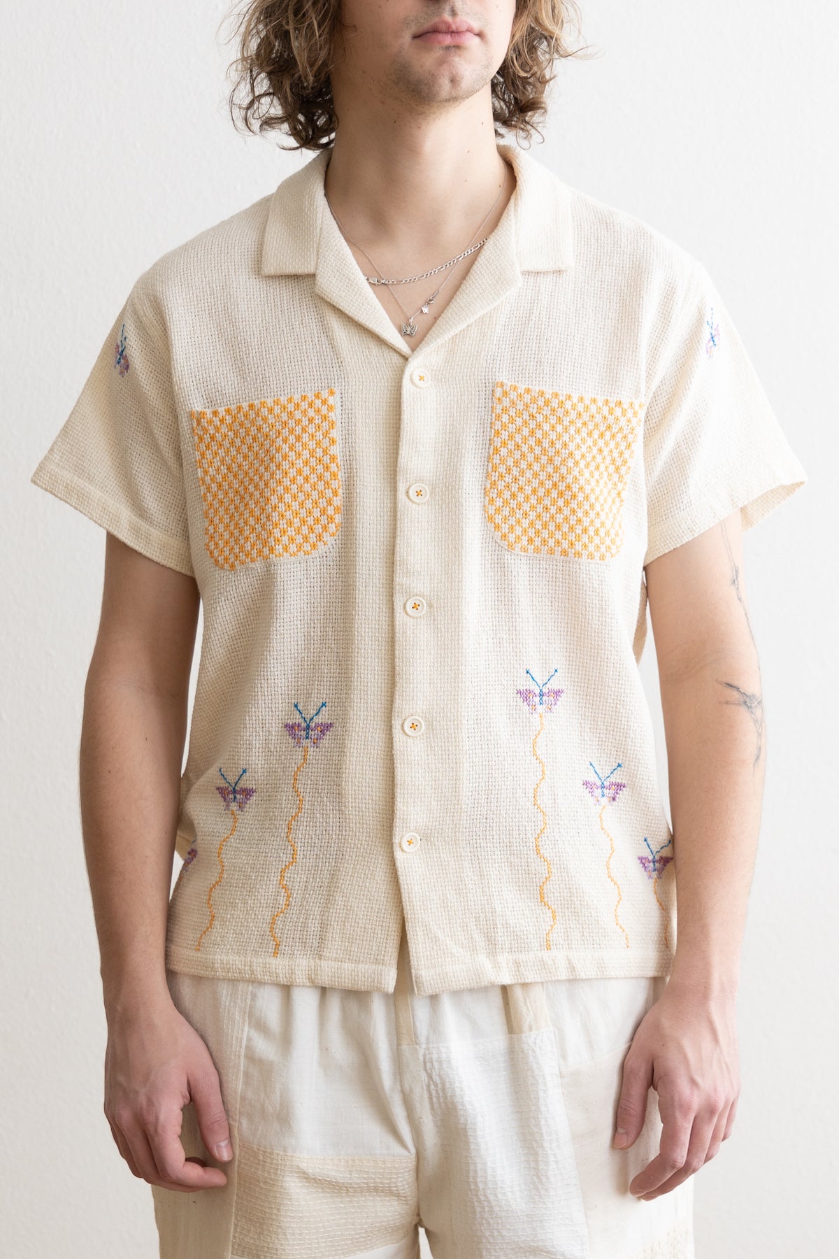 Harago - Cross Stitch Embroidered Shirt - Off White - Canoe Club