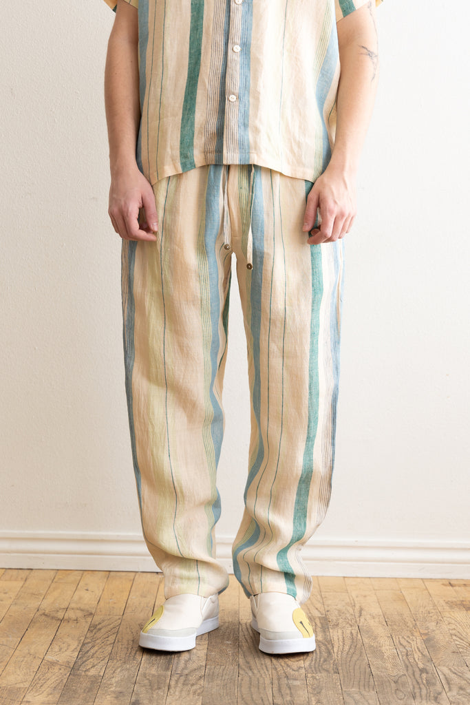 Harago - Handloom Stripe Linen Pants - Cream - Canoe Club