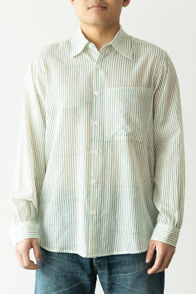 Karu Research - Block Printed Striped Shirt - White/Aquamarine - Canoe Club