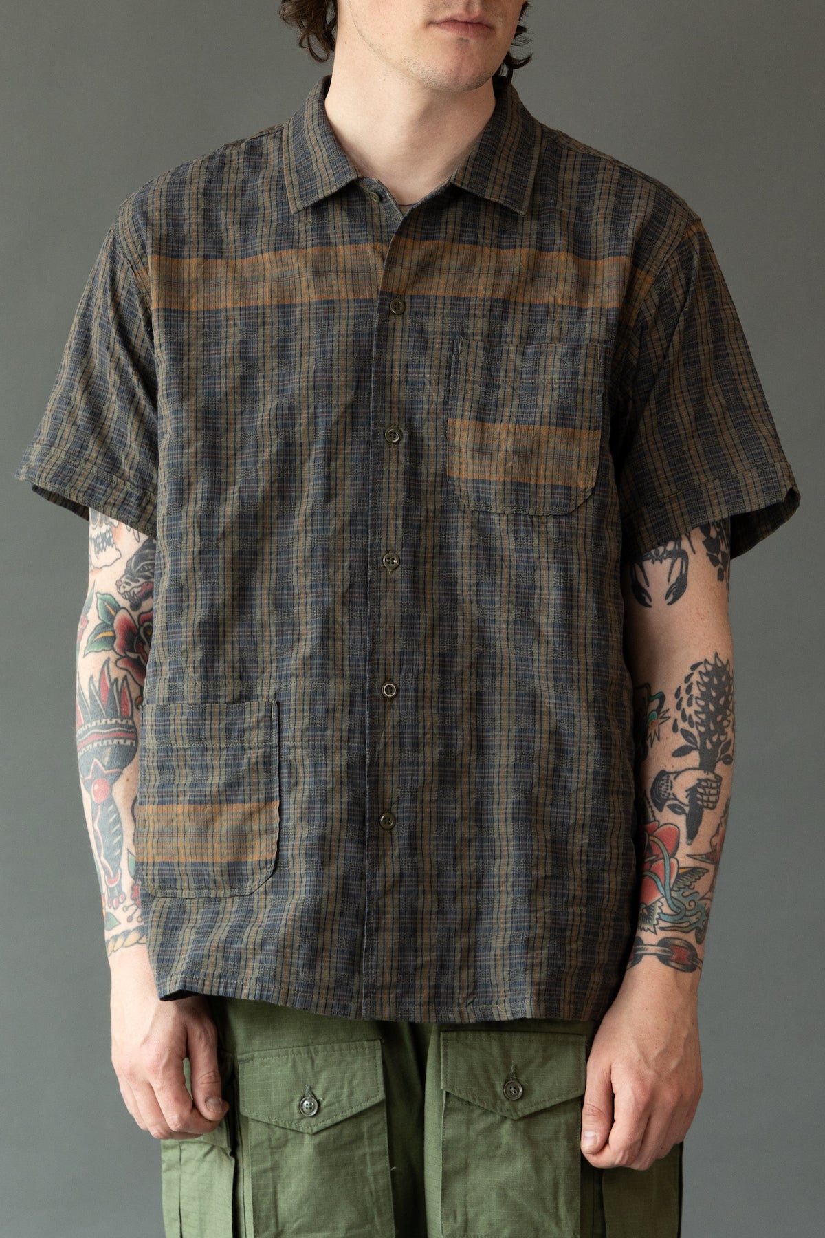 Engineered Garments - Camp Shirt - Olive Small Seersucker - Canoe Club