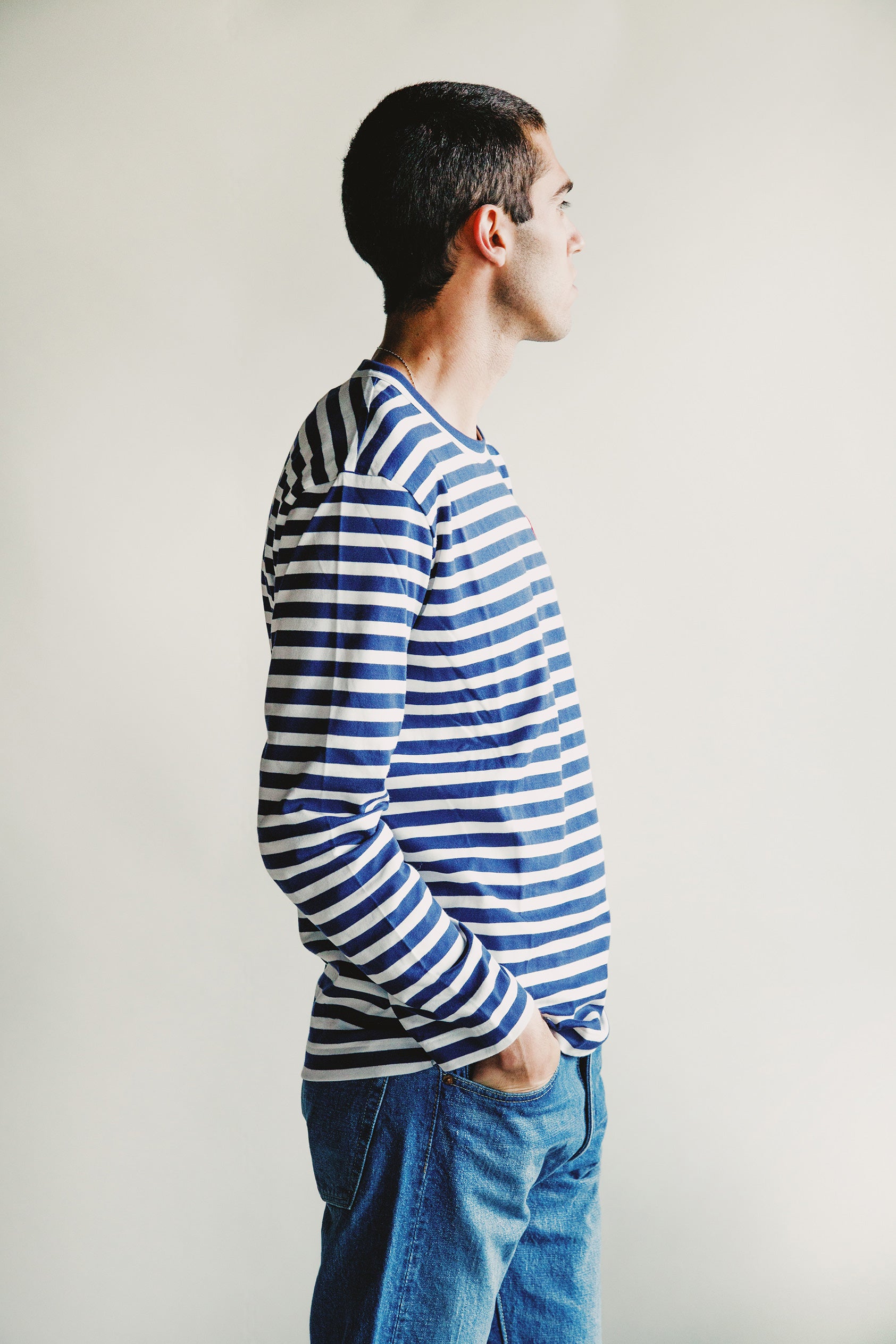 Comme des Garçons PLAY - Red Heart Striped T-Shirt - Navy/White - Canoe Club