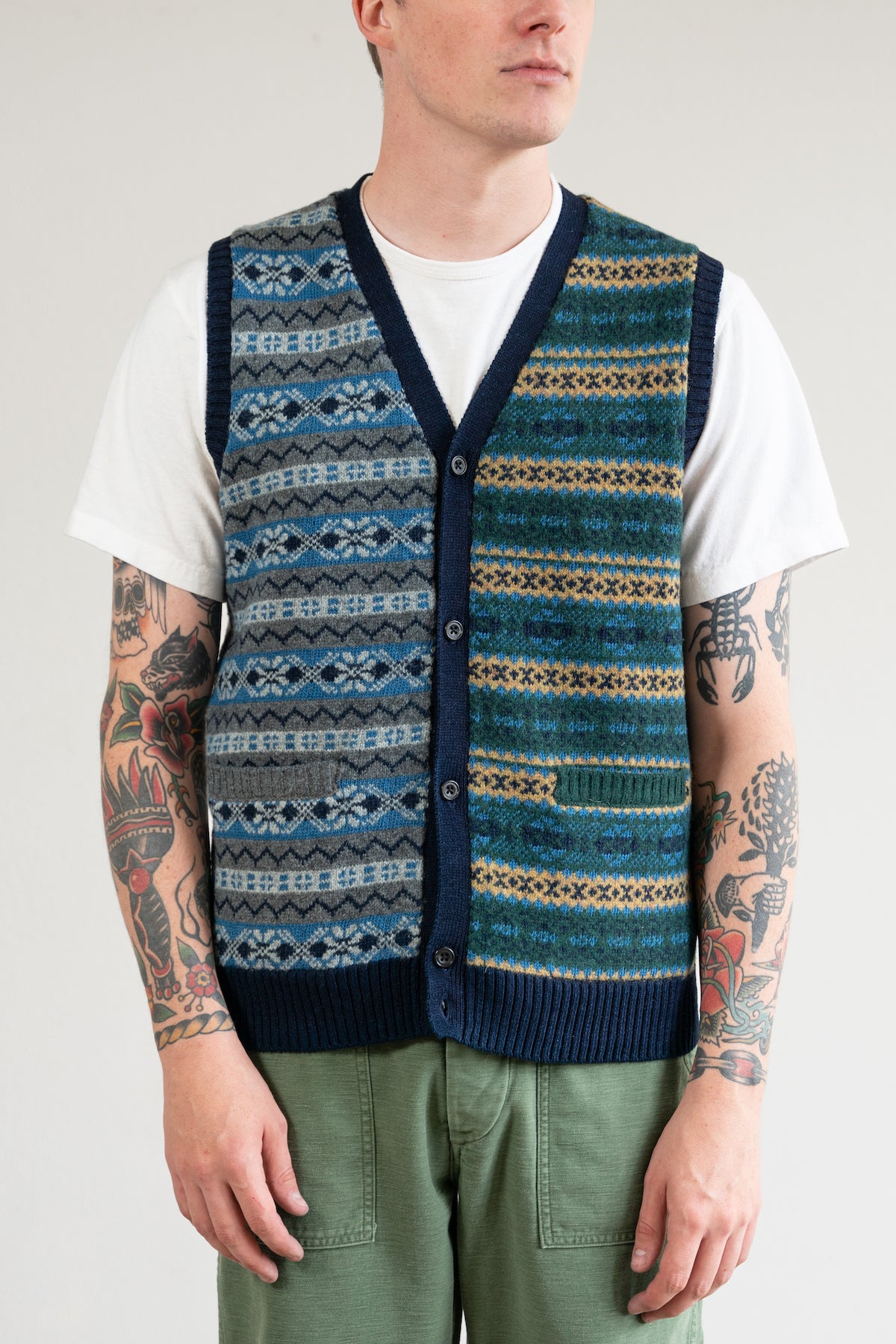 Beams Plus Button Knit Vest Indigo Fair Isle | Panel | Canoe Club