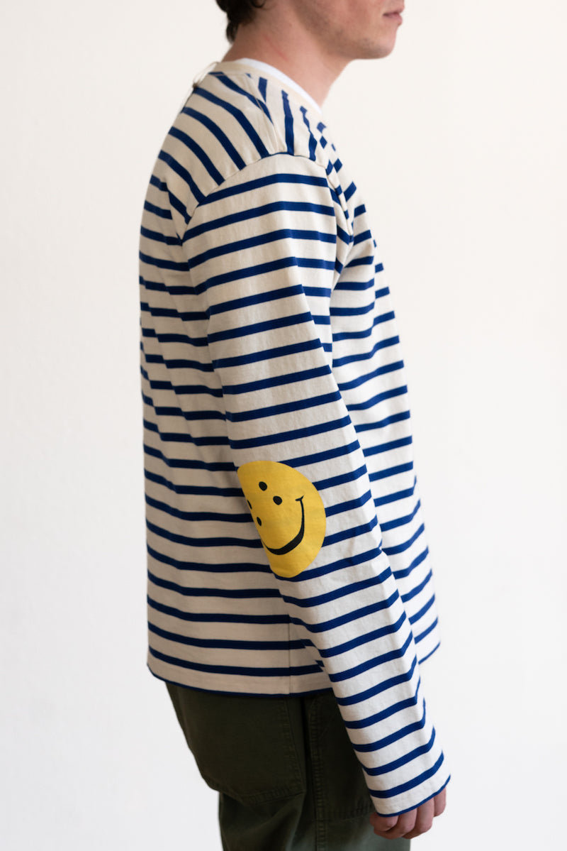 Kapital - Stripe Jersey Crew Long Sleeve T (RAINBOWY Patch) - Ecru/Blue - Canoe Club