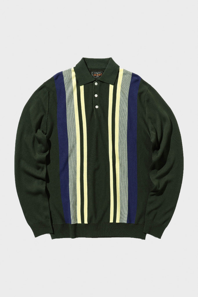 Beams Plus - Knit Polo Stripe 12G - Green - Canoe Club