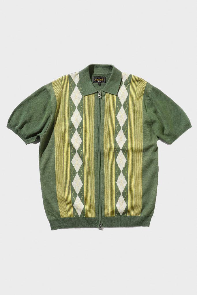 Beams Plus - Zip Knit Polo Stripe - Green - Canoe Club